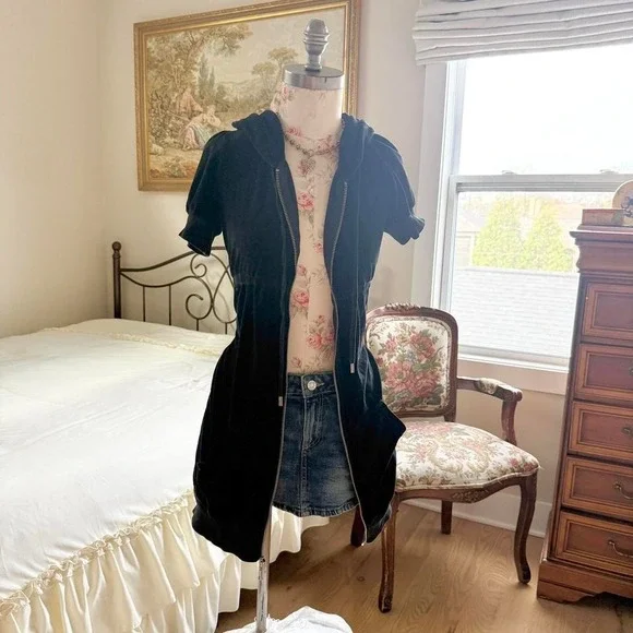 Y2K black velour zip hoodie dress Juicy Couture size large - Picture 2 of 6